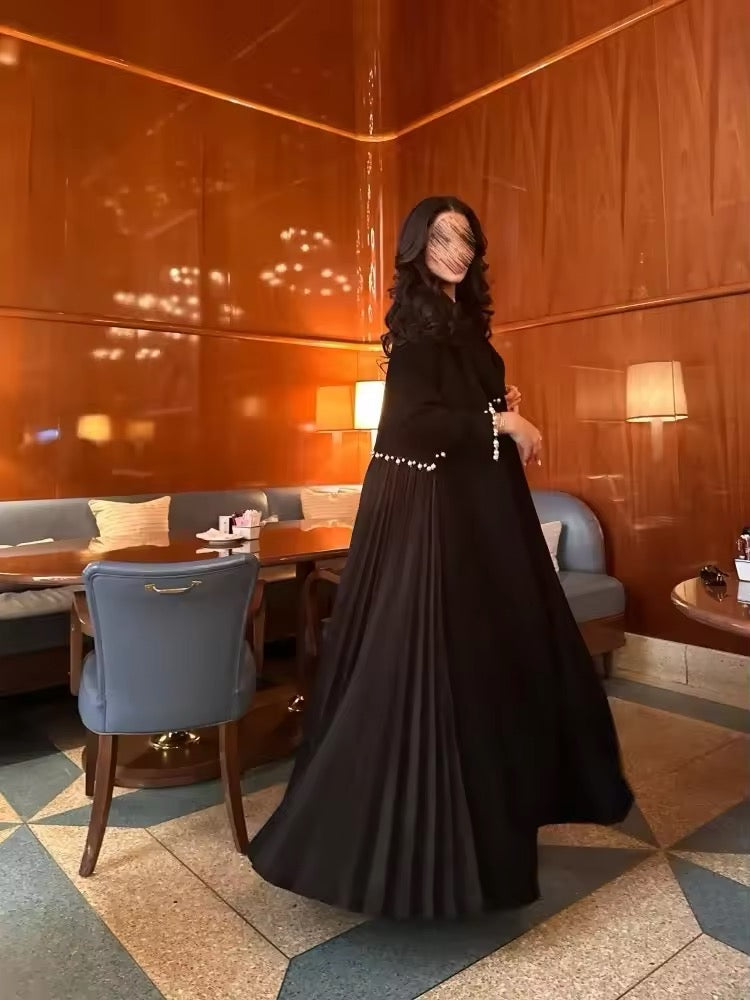 Pearl Women Split Abaya Cardigan Pleated Long Dress Kaftan Robe Open Front Jalabiya