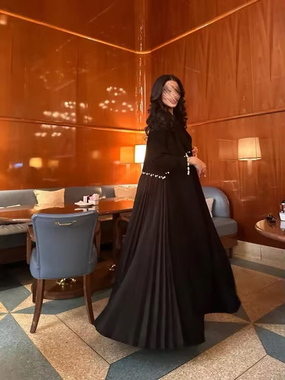 Pearl Women Split Abaya Cardigan Pleated Long Dress Kaftan Robe Open Front Jalabiya