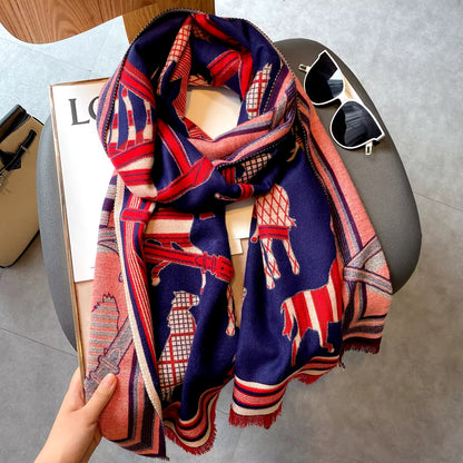 Luxury Women Limited Edition Horse Design Cashmere Touch Scarf - Warm Fringe Shawl