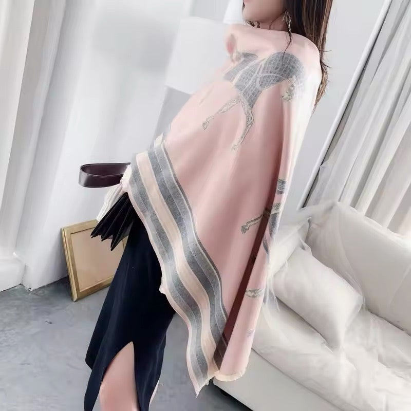 Luxury Women Limited Edition Horse Design Cashmere Touch Scarf - Warm Fringe Shawl
