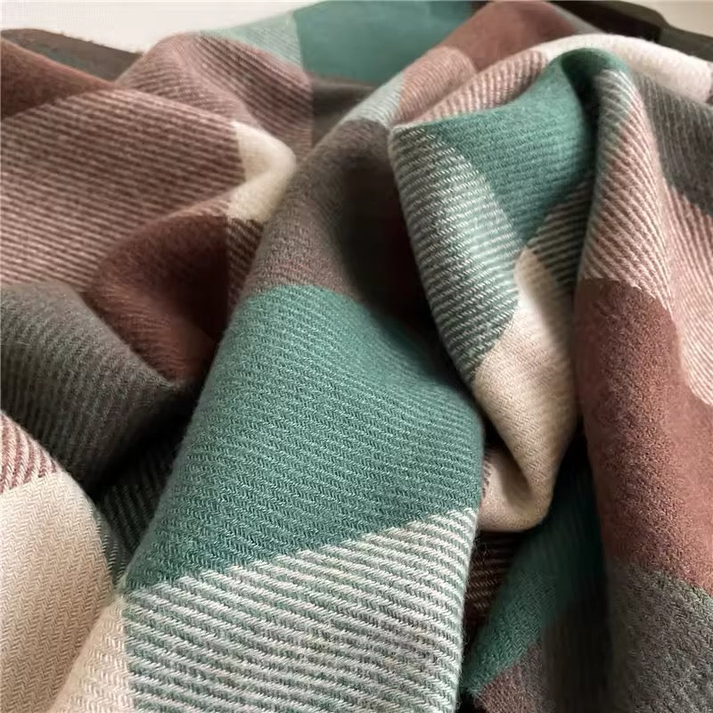 Men & Women Checked Pattern Cashmere Touch Scarf - Warm Fringe Shawl