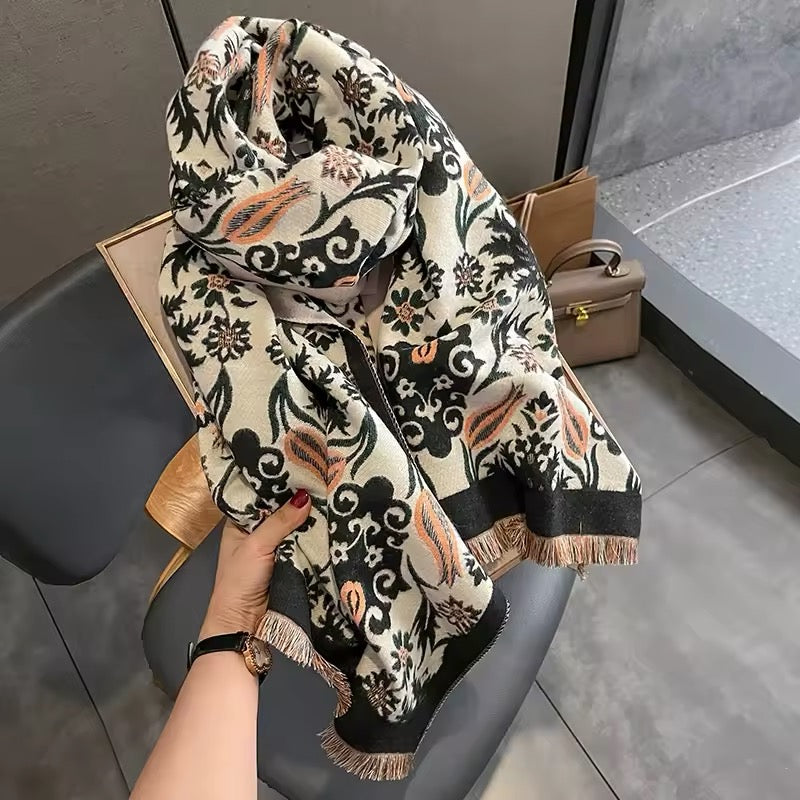 Luxury Women Classic Pashmina Double Sided Cashmere Touch Scarf - Warm Fringe Women Floral Shawl