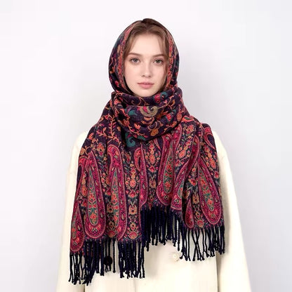 Luxury Women Classic Pashmina Double Sided Cashmere Touch Scarf - Warm Fringe Women Floral Shawl