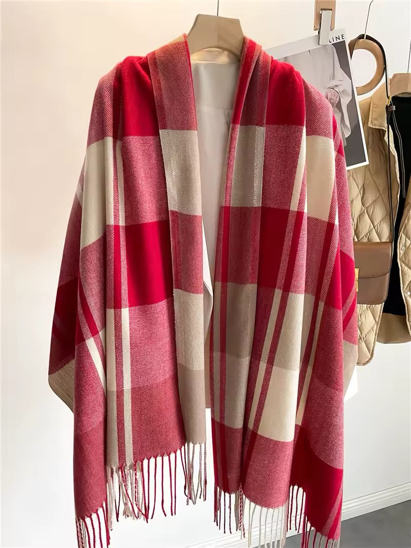 Men & Women Checked Pattern Cashmere Touch Scarf - Warm Fringe Shawl