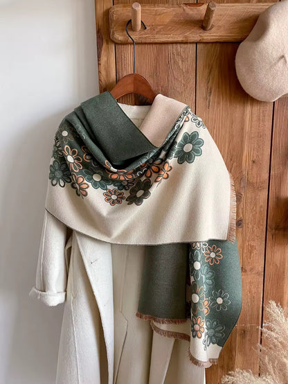 Luxury Women Floral Cashmere Touch Flower Scarf - Warm Fringe Shawl