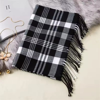 Men &  Women Checked Pattern Cashmere Touch Scarf - Warm Fringe Shawl
