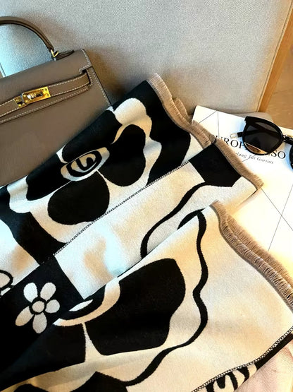 Luxury Women Limited Edition Floral Cashmere Touch Flower Scarf - Warm Fringe Shawl