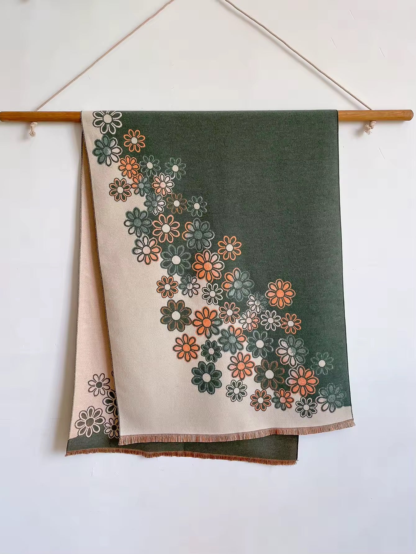 Luxury Women Floral Cashmere Touch Flower Scarf - Warm Fringe Shawl