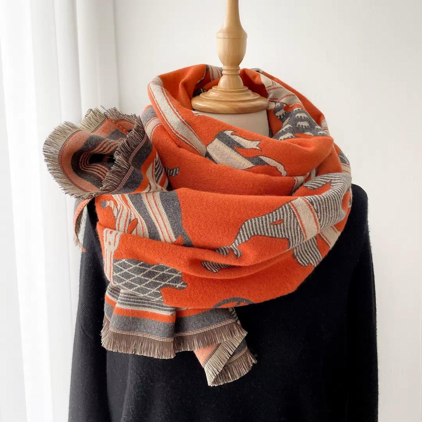 Luxury Women Limited Edition Horse Design Cashmere Touch Scarf - Warm Fringe Shawl