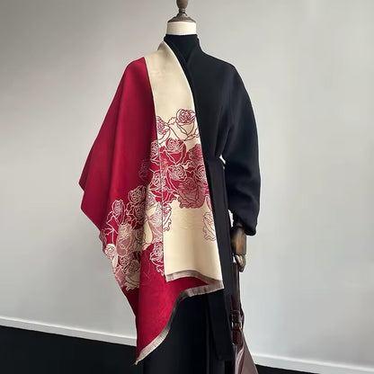 Luxury Women Floral Cashmere Touch Flower Scarf - Warm Fringe Shawl
