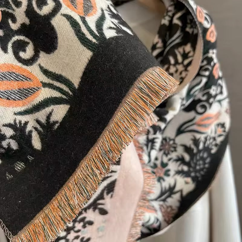 Luxury Women Classic Pashmina Double Sided Cashmere Touch Scarf - Warm Fringe Women Floral Shawl