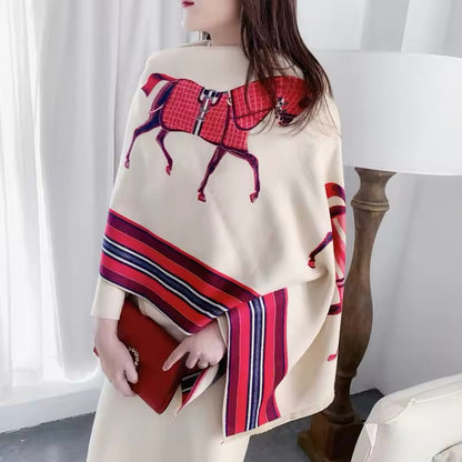 Luxury Women Limited Edition Horse Design Cashmere Touch Scarf - Warm Fringe Shawl