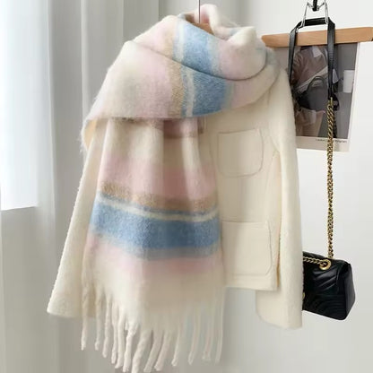 Women & Men Wool Scarf Winter High-End Autumn Winter Versatile Mohair Thickened Striped Meridian Shawl Women Woollen