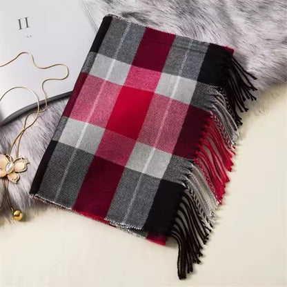 Men &  Women Checked Pattern Cashmere Touch Scarf - Warm Fringe Shawl