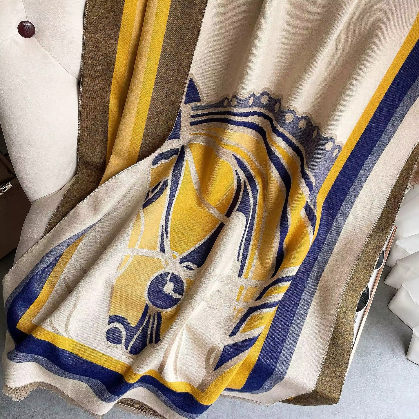 Luxury Women Limited Edition Horse Design Cashmere Touch Scarf - Warm Fringe Shawl