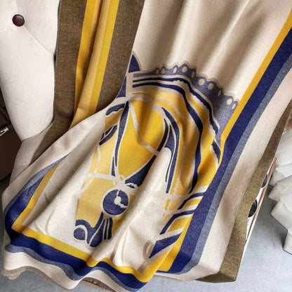 Luxury Women Limited Edition Horse Design Cashmere Touch Scarf - Warm Fringe Shawl