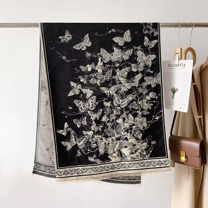 Luxury Women Floral Cashmere Touch Double Sided Butterfly Scarf - Warm Fringe Shawl