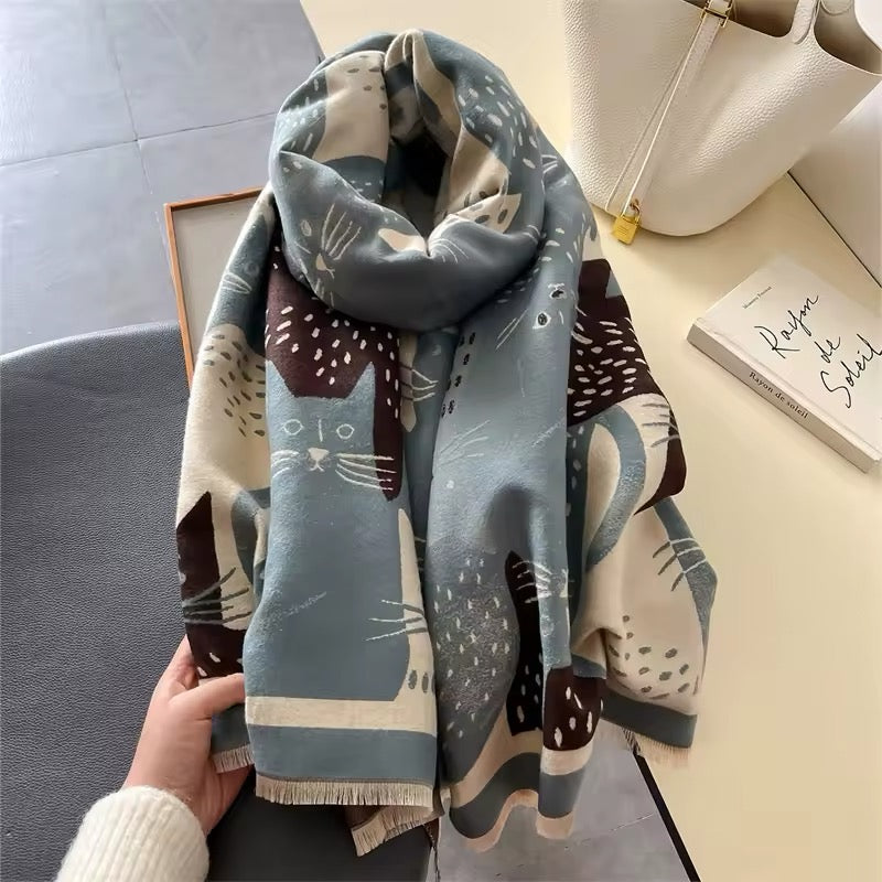 Cat Print Scarf Thickened Warm Cashmere Double Sided Luxury Shawl Women Allure