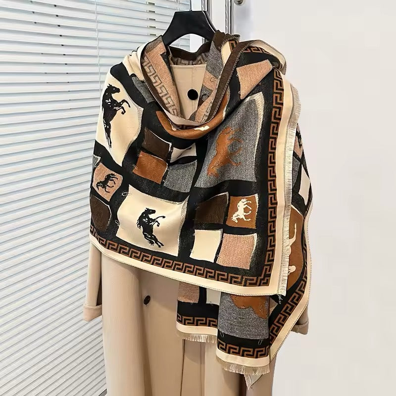Luxury Women Limited Edition Horse Design Cashmere Touch Scarf - Warm Fringe Shawl