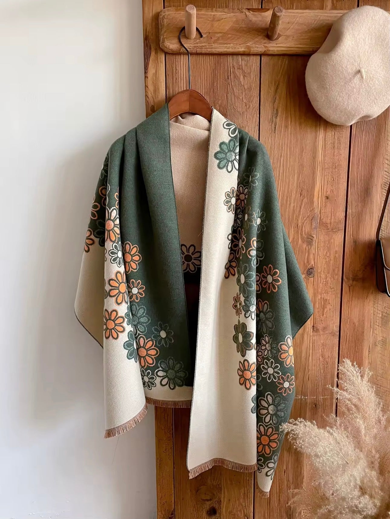 Luxury Women Floral Cashmere Touch Flower Scarf - Warm Fringe Shawl