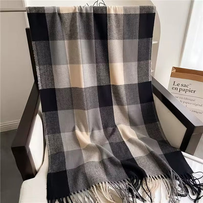Men & Women Checked Pattern Cashmere Touch Scarf - Warm Fringe Shawl