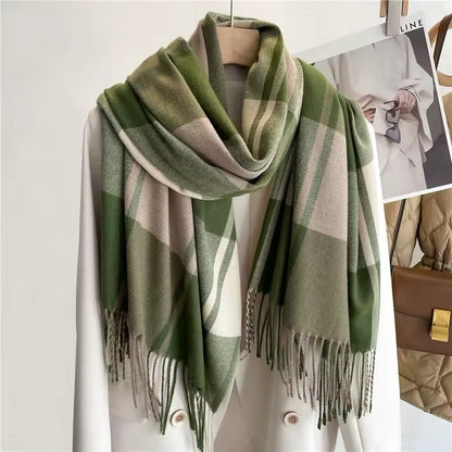 Men & Women Checked Pattern Cashmere Touch Scarf - Warm Fringe Shawl