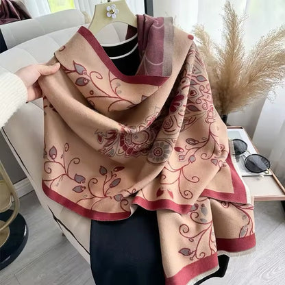 Luxury Women Floral Cashmere Touch Flower Scarf - Warm Fringe Shawl