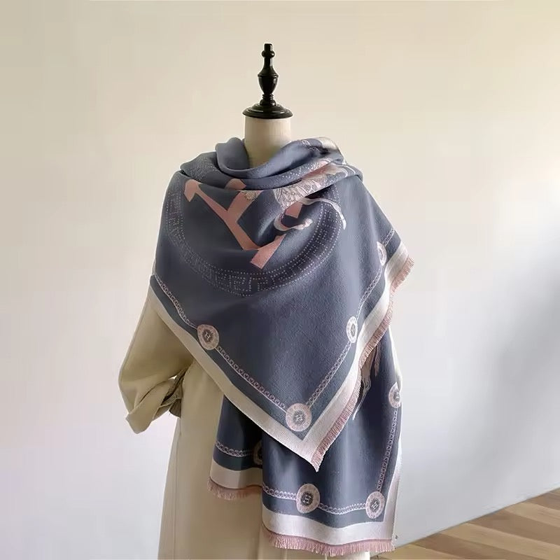 Luxury Women Limited Edition Horse Design Cashmere Touch Scarf - Warm Fringe Shawl