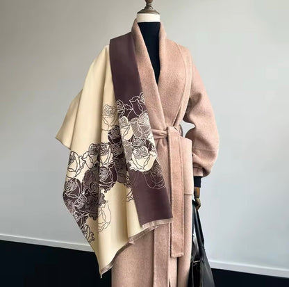 Luxury Women Floral Cashmere Touch Flower Scarf - Warm Fringe Shawl