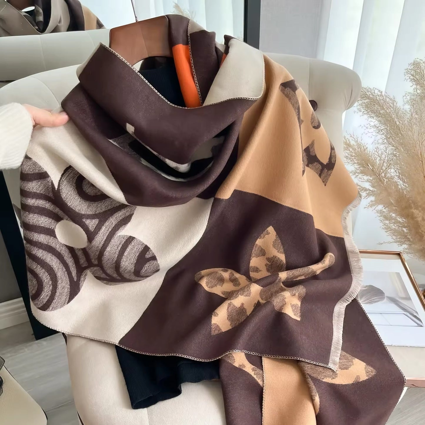 Luxury Women Floral Cashmere Touch Flower Scarf - Warm Fringe Shawl