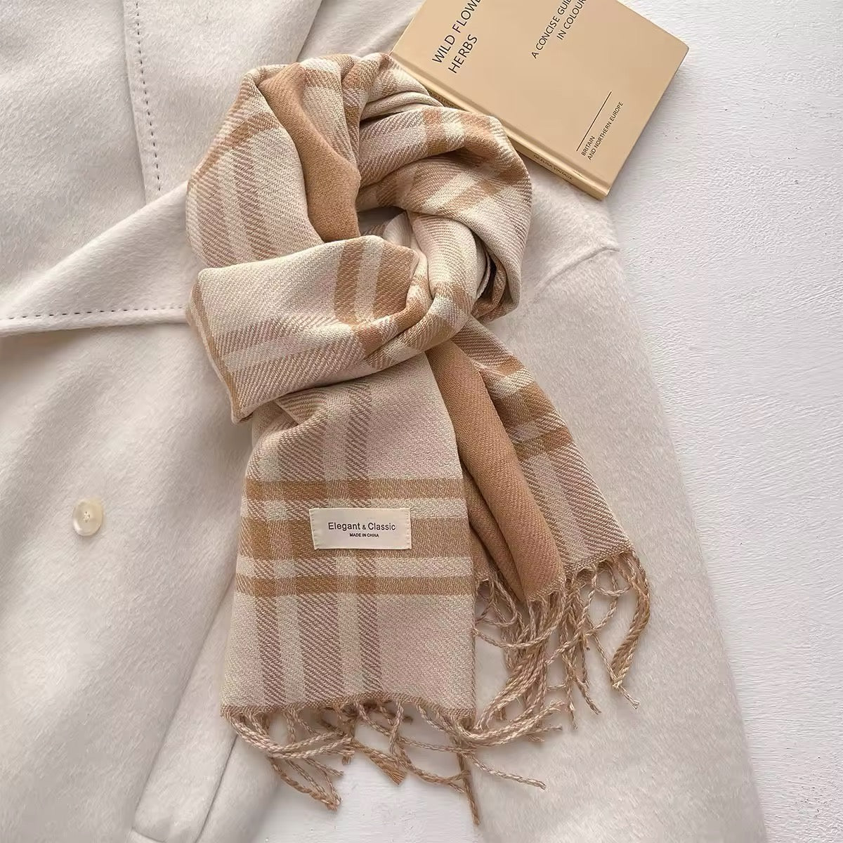 Men & Women Checked Pattern Cashmere Touch Scarf - Warm Fringe Shawl