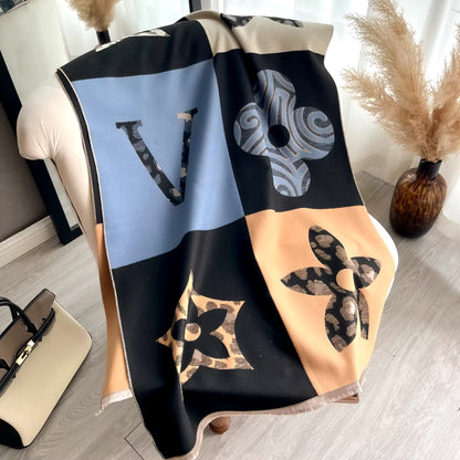 Luxury Women Floral Cashmere Touch Flower Scarf - Warm Fringe Shawl