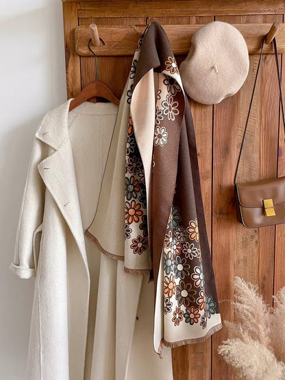 Luxury Women Floral Cashmere Touch Flower Scarf - Warm Fringe Shawl