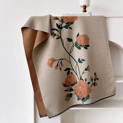 Luxury Women Floral Cashmere Touch Flower Scarf - Warm Fringe Shawl