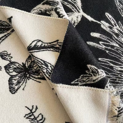 Luxury Women Floral Cashmere Touch Double Sided Flower Scarf - Warm Fringe Shawl