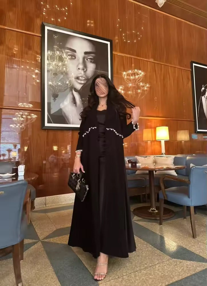 Pearl Women Split Abaya Cardigan Pleated Long Dress Kaftan Robe Open Front Jalabiya