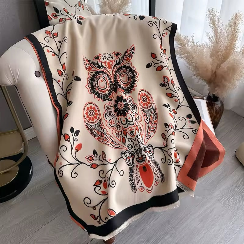Luxury Women Floral Cashmere Touch Flower Scarf - Warm Fringe Shawl
