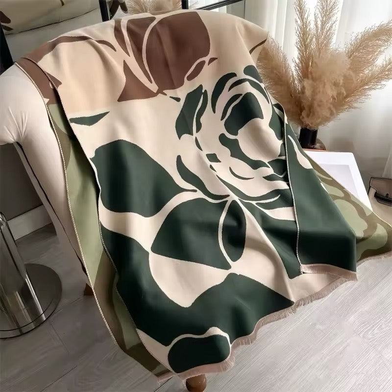 Luxury Women Floral Cashmere Touch Flower Scarf - Warm Fringe Shawl
