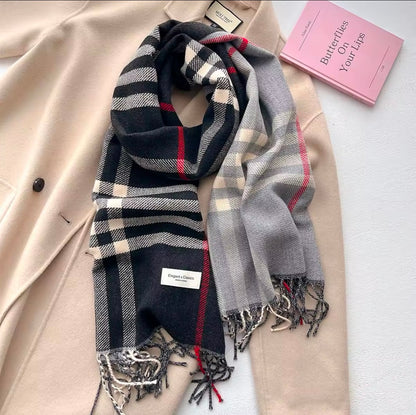 Men & Women Checked Pattern Cashmere Touch Scarf - Warm Fringe Shawl
