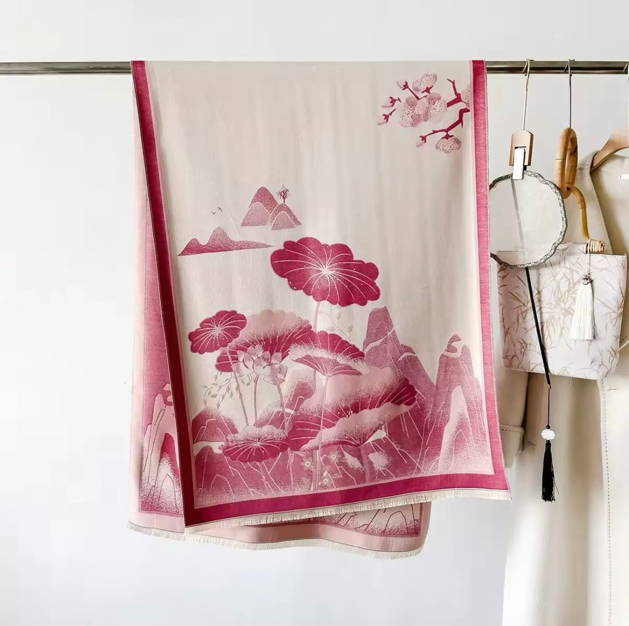 Luxury Women Floral Cashmere Touch Landscape Scarf - Warm Fringe Shawl