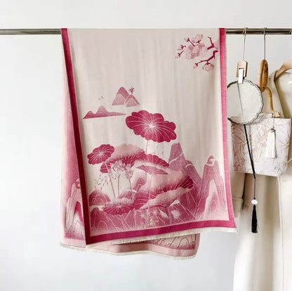 Luxury Women Floral Cashmere Touch Landscape Scarf - Warm Fringe Shawl
