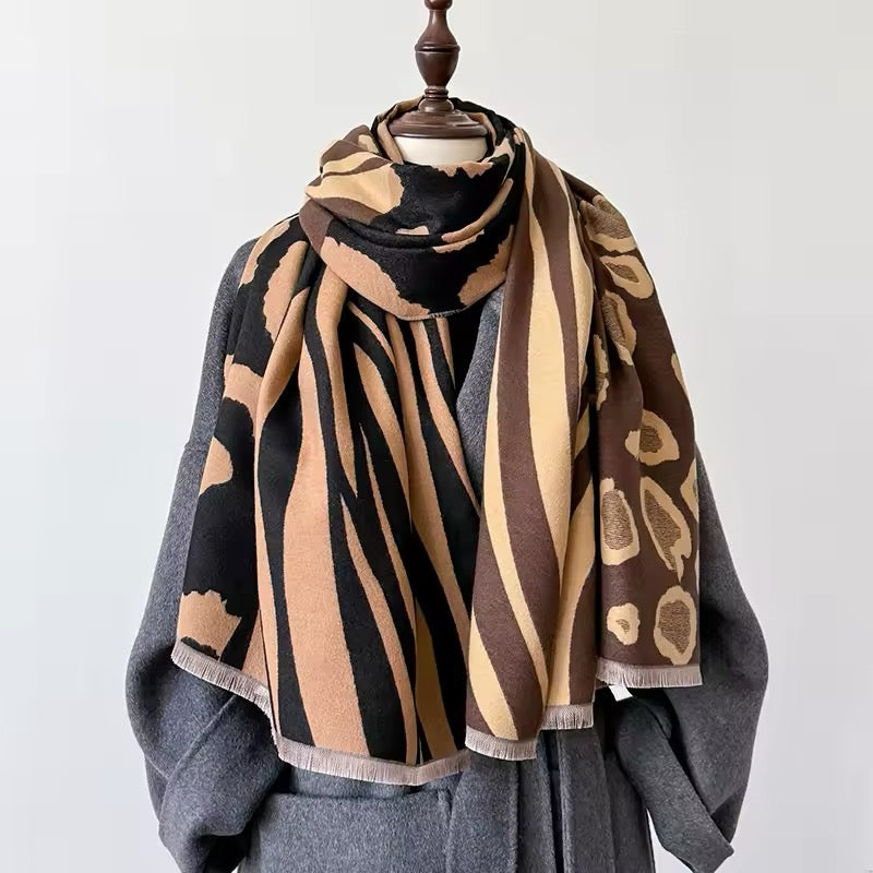 Tiger and Leopard Print Scarf Thickened Warm Cashmere Double Sided Shawl Women Allure
