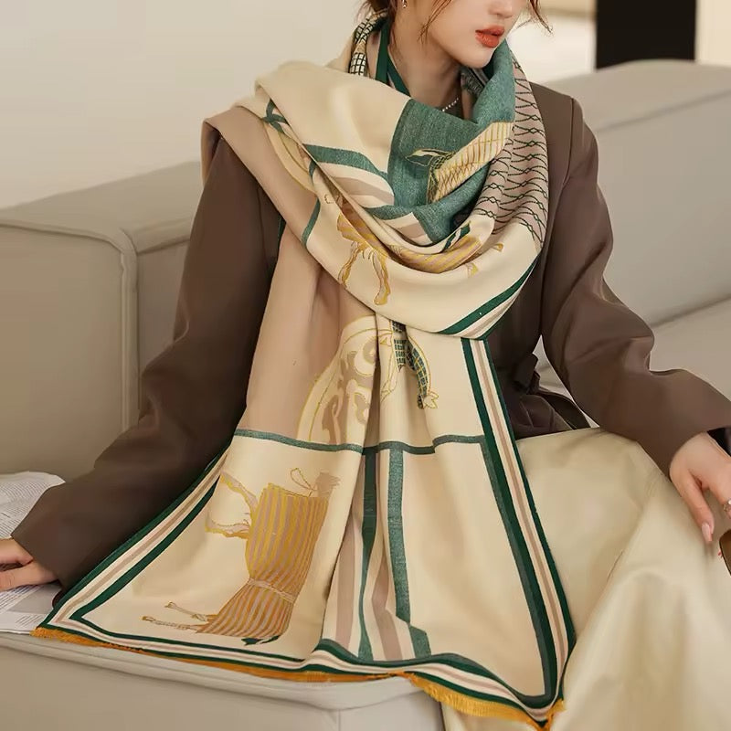 Luxury Women Limited Edition Horse Design Cashmere Touch Scarf - Warm Fringe Shawl