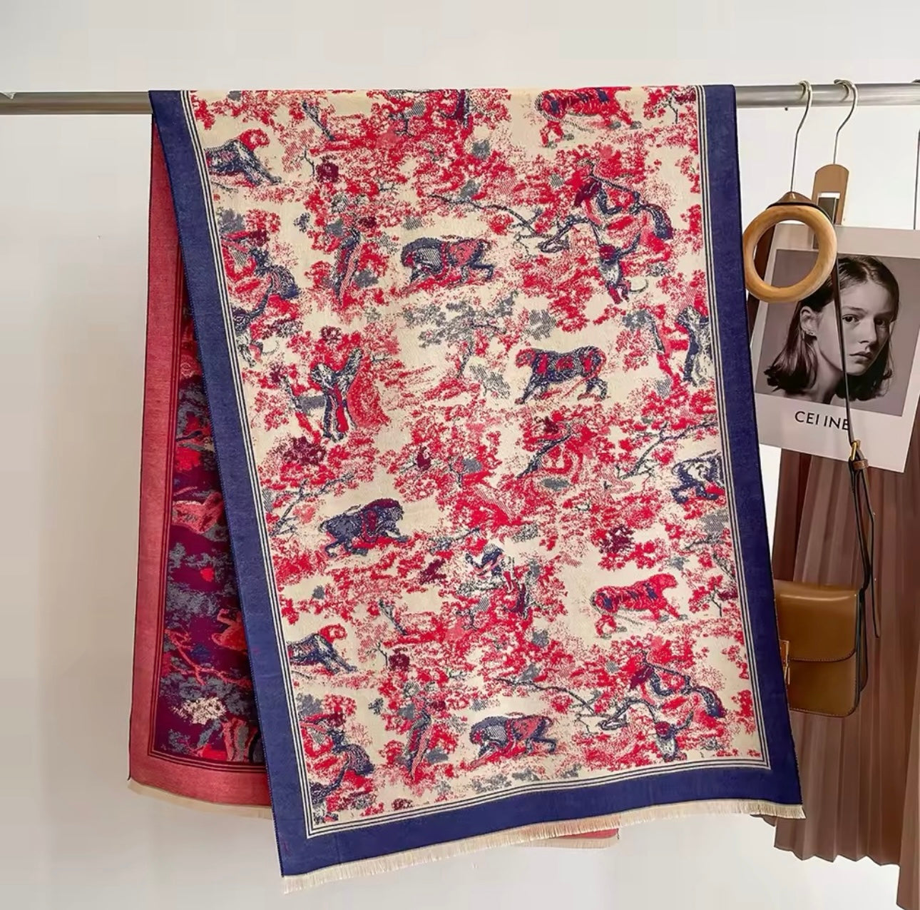 Luxury Women Floral Cashmere Touch Flower Scarf - Warm Fringe Shawl