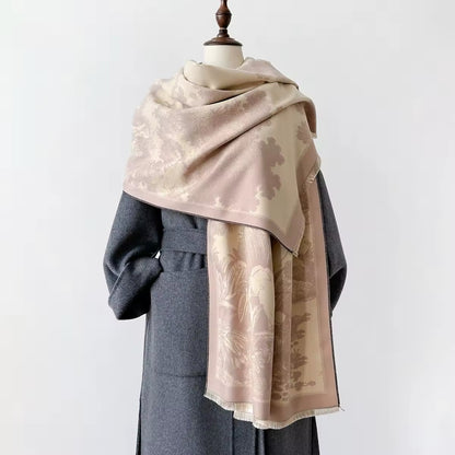Luxury Women Floral Cashmere Touch Landscape Scarf - Warm Fringe Shawl