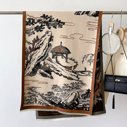 Luxury Women Floral Cashmere Touch Landscape Scarf - Warm Fringe Shawl