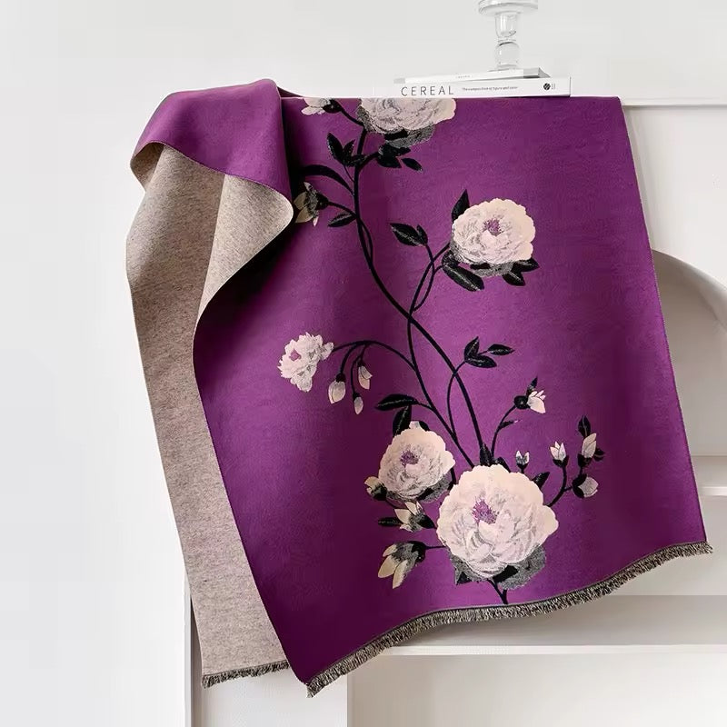 Luxury Women Floral Cashmere Touch Flower Scarf - Warm Fringe Shawl