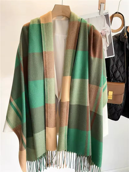 Men & Women Checked Pattern Cashmere Touch Scarf - Warm Fringe Shawl