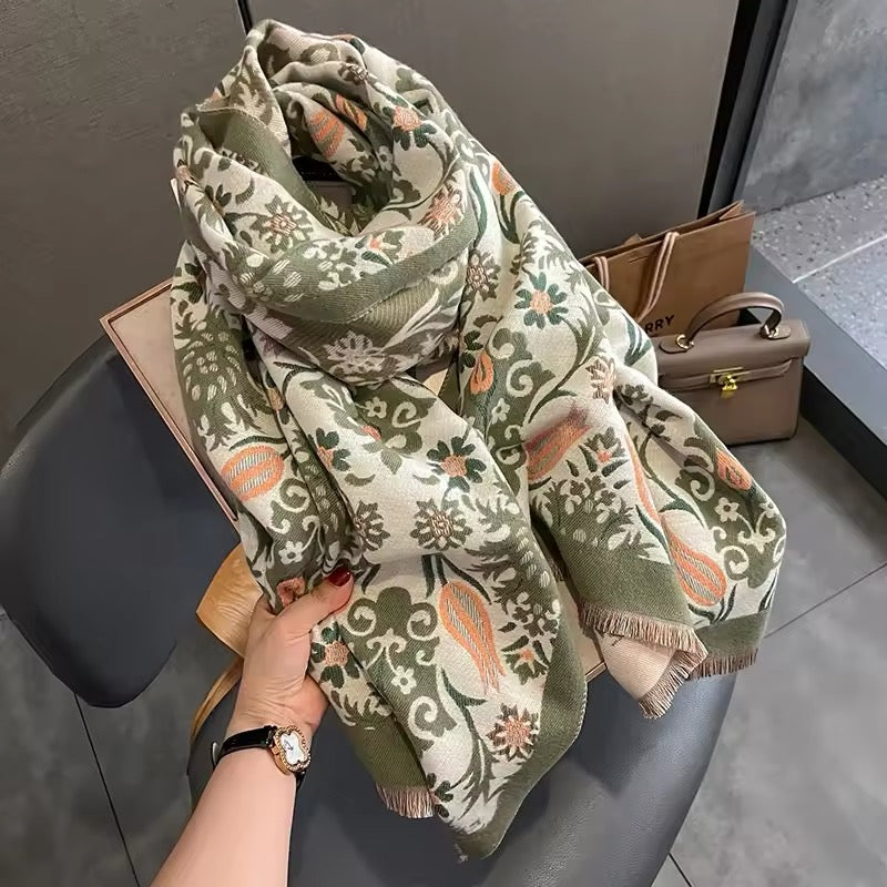 Luxury Women Classic Pashmina Double Sided Cashmere Touch Scarf - Warm Fringe Women Floral Shawl