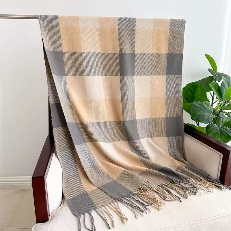 Men & Women Checked Pattern Cashmere Touch Scarf - Warm Fringe Shawl